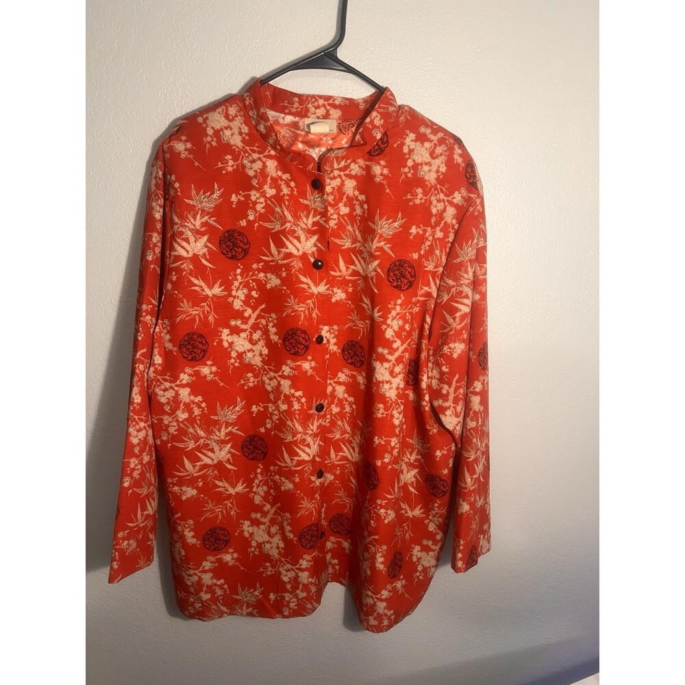 VINTAGE TEDDI Womens 2X Double XL Red Mandarin Collar Button-down Shirt